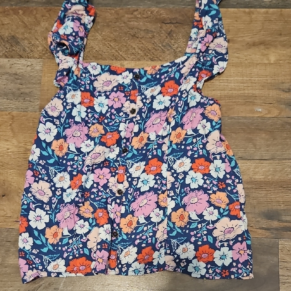 Blue and Pink Ruffled Sleeveless Blouse with Square Neck